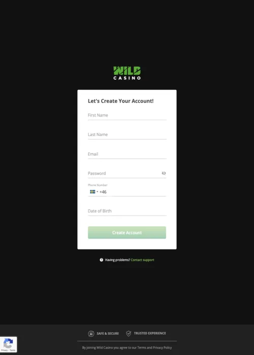 Snabb spelare registrering gränssnitt Wild Casino